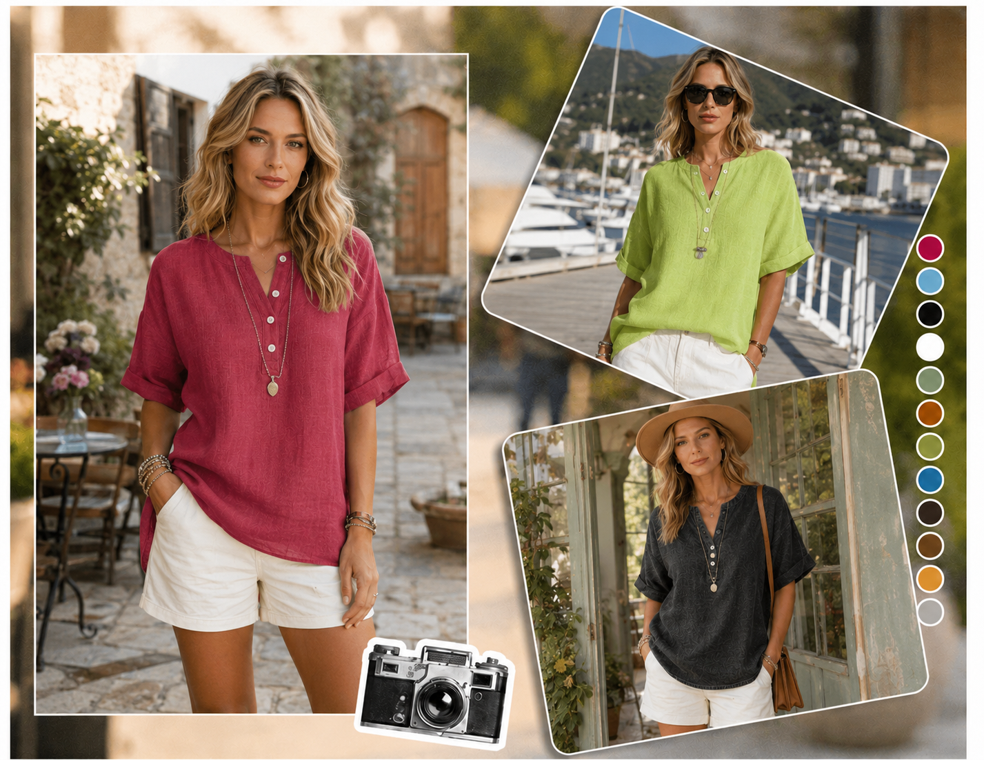Cotton-linen Henley shirt neckline detail