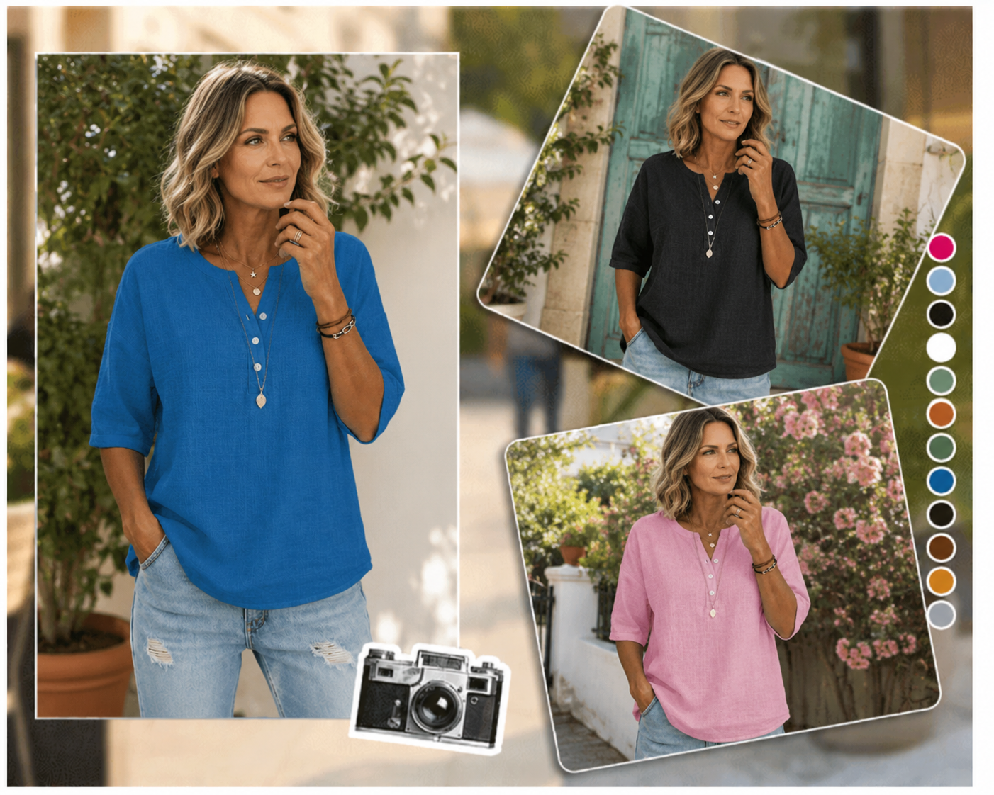 Cotton-linen Henley shirt color options