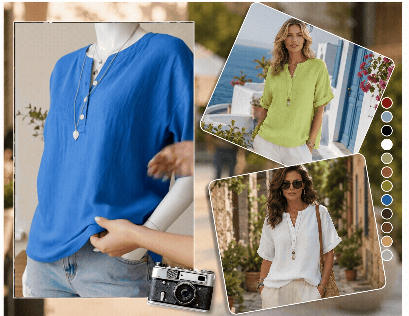 Cotton-linen Henley shirt color collage