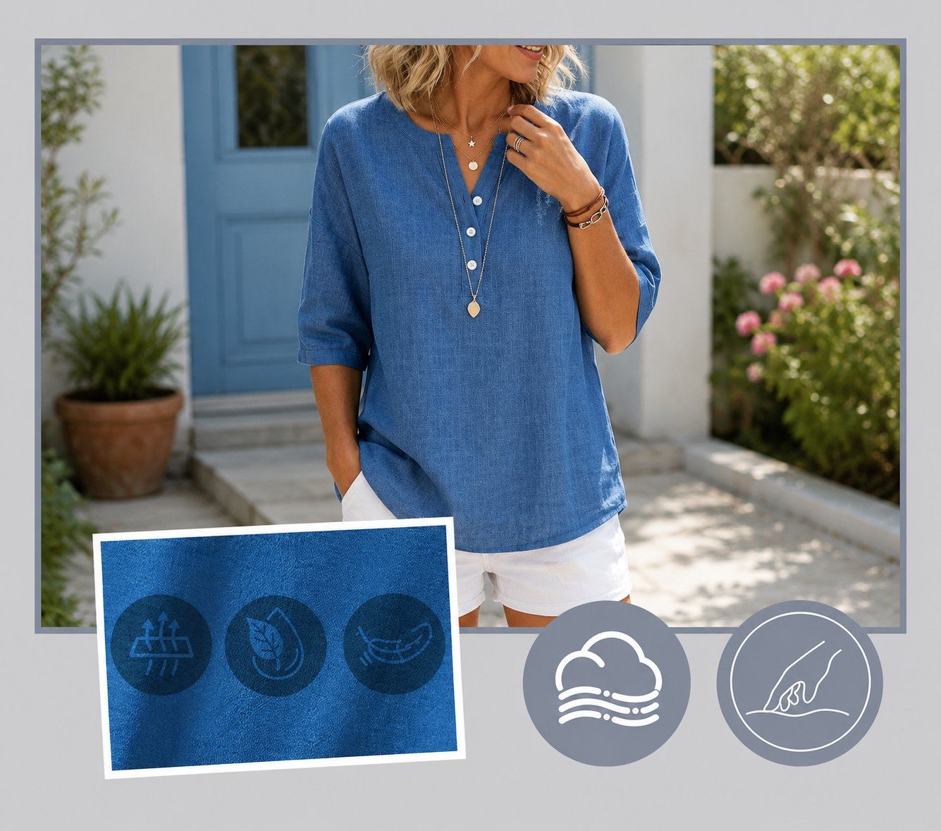 Cotton-linen Henley shirt lifestyle collage