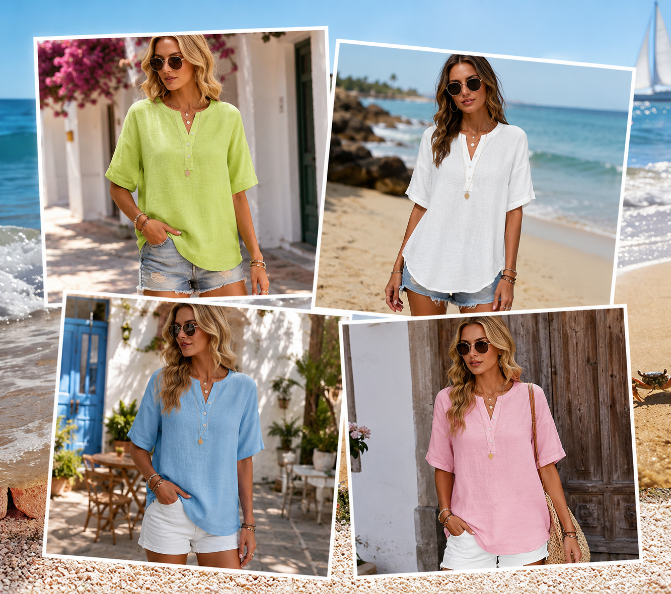 Cotton-linen Henley shirt outfit collage