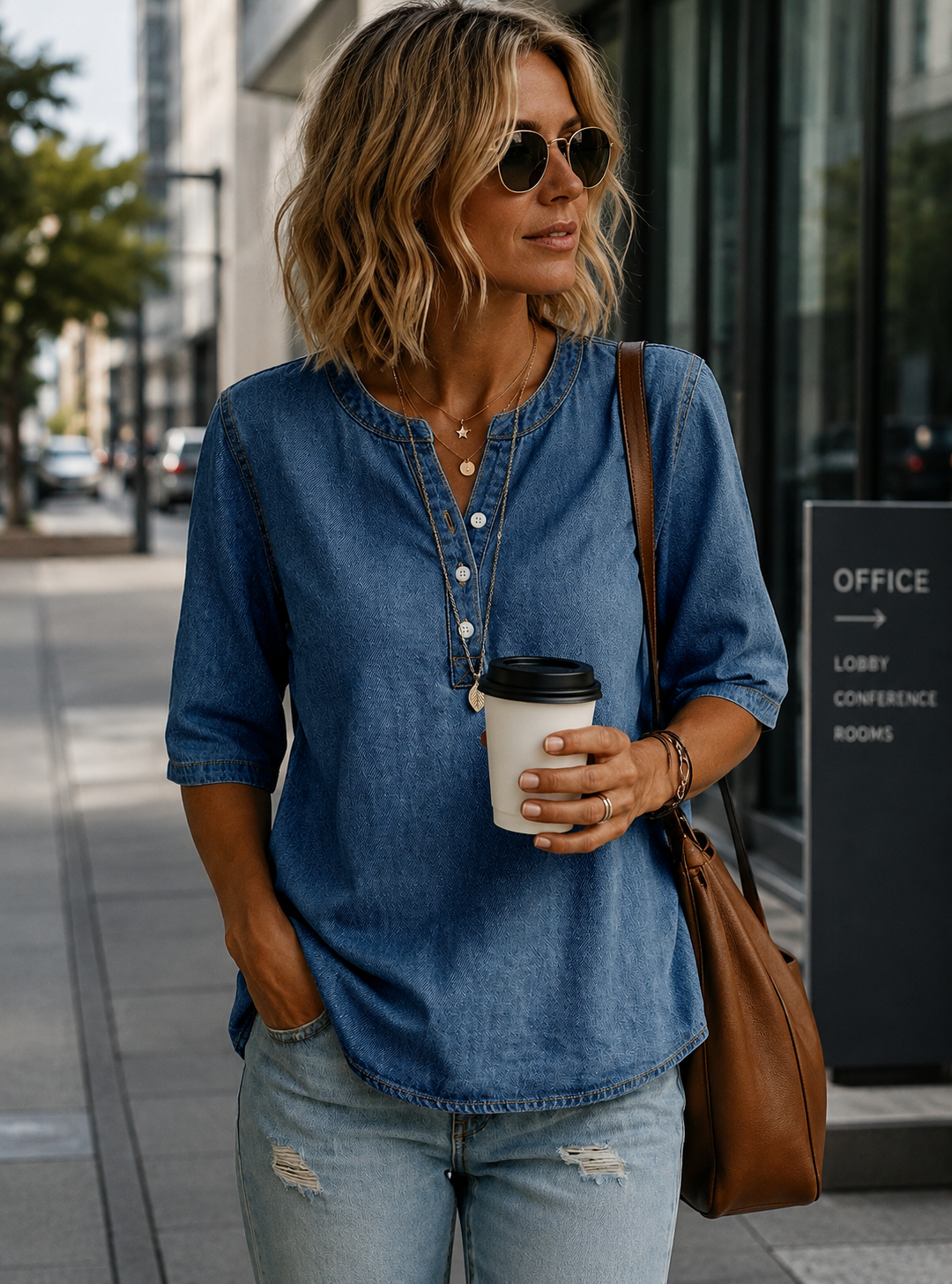 Linda wearing cotton-linen Henley shirt